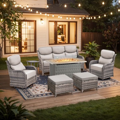 7-Piece Patio Furniture Set with Fire Pit,Wicker Patio Sofa Set Outdoor Swivel Rocking Chairs with Ottomans