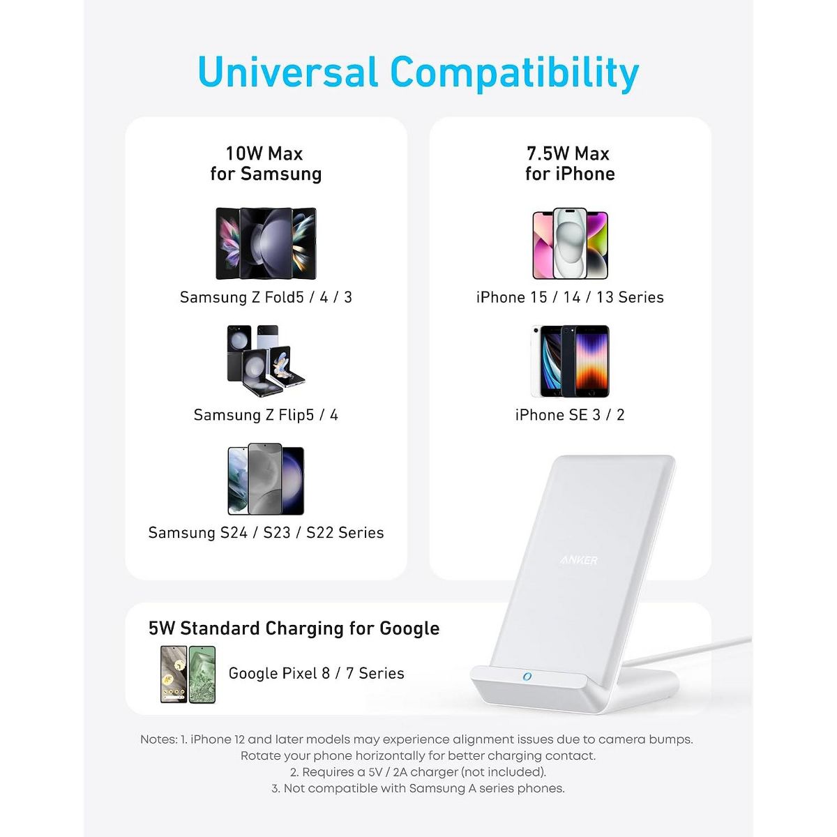 Anker 313 Wireless Charger (Stand), Qi-Certified for iPhone 15/14 / 13/12 / 11 / X / 8, 10W Max for Galaxy S23 / S22 / S21, Micro-USB - thumbnail 3