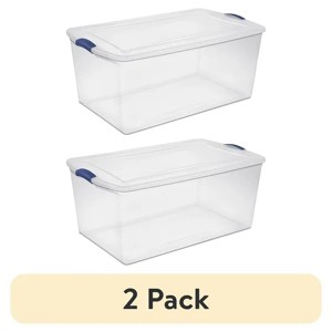 Racxily (2 pack) 105 Quart Latch Box, Clear Plastic Storage Bin with Clear Lid, Blue Latch - 1 of 4
