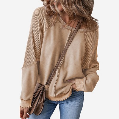Amaryllis Women’s Long Sleeve Textured Waffle Knit Patchwork Pullover Contrast Washed Casual Fit Raw Hem
