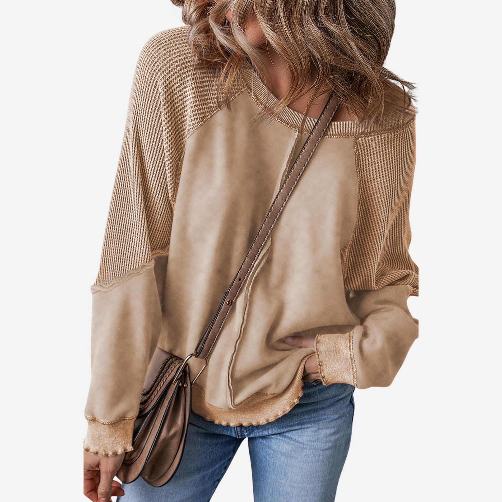 Amaryllis Women’s Long Sleeve Textured Waffle Knit Patchwork Pullover Contrast Washed Casual Fit Raw Hem