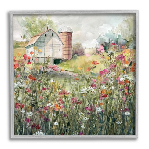 Stupell Vibrant Flower Blossoms And Barn Gray Framed Giclee, 24 X 24 ...