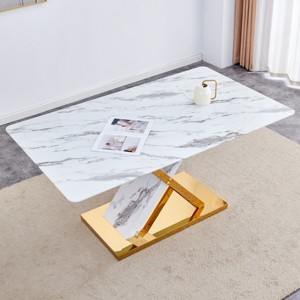 63" Modern Marble Dining Table,Glass Dining Table With Tempered Glass Tabletop And Stainless Steel Base,Rectangular Office Table-Coolbibila - 1 of 4