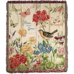 Manual Woodworkers and Weavers Bloom with Grace Tapestry Throw Blanket 50"x60", Cotton, Floral Inspirational Woven Home Decor - 1 of 3