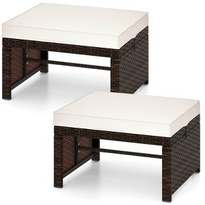 Costway 2 PCS Patio PE Rattan Ottomans with Soft Zippered Cushions for Deck Outdoor White/Navy/Red/Turquoise - 1 of 4