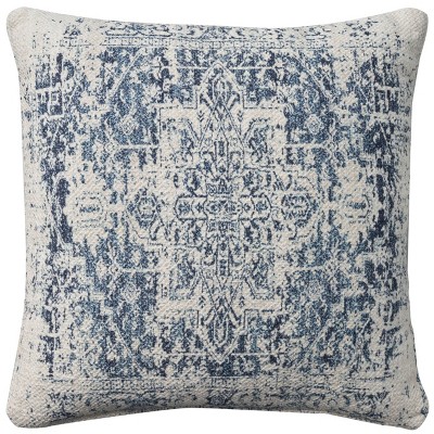 20" Ivory and Navy Cotton Vintage Medallion Throw Pillow
