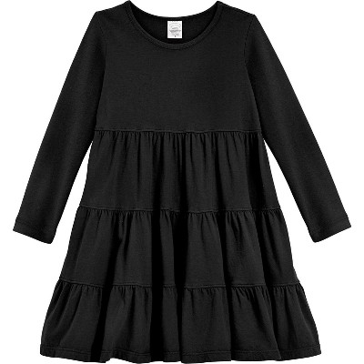 Image of City Threads USA-Made Girls Soft Cotton Jersey Long Sleeve Tiered Dress | Black - 12/18M