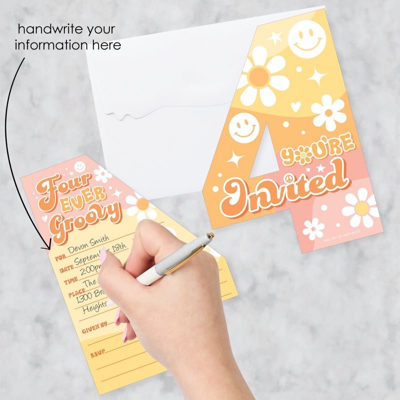 Big Dot of Happiness Four-Ever Groovy - Shaped Fill-In Invitations - Boho Hippie Fourth Birthday Party Invitation Cards with Envelopes - Set of 12, 2 of 8