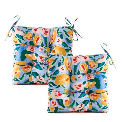 ARTPLANT Outdoor Seat Cushion Pads,Set of 2,19"x19"x4",Square Tufted Outdoor Wicker Dining Chair Cushions for Patio Furniture with Ties,Floral