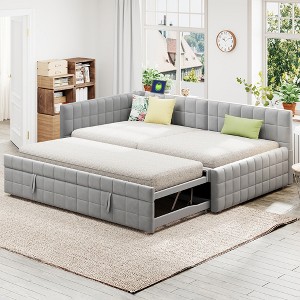 Full Size L-Shaped Upholstered Daybed with Twin Size Pop Up Trundle for Kids Bedroom - 1 of 4