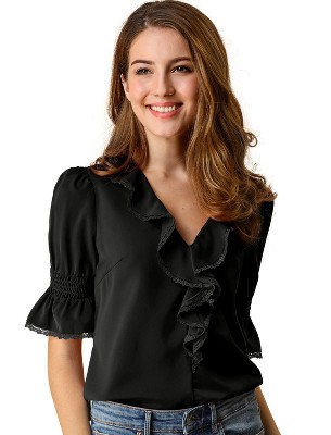 INSPIRE CHIC Women's Ruffle V Neck Puff Sleeve Summer Casual Chiffon Peasant Top