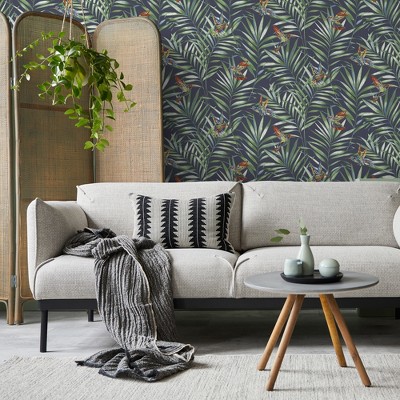 Tropical Birds Black and Green Peel and Stick Wallpaper