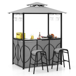 Costway 3 PCS Patio Bar Set with Tempered Glass Bar Table Metal Storage Shelves for Garden Brown/Grey - 1 of 4
