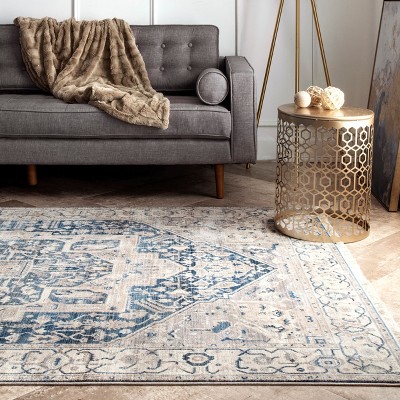 Gray and Blue Medallion Synthetic 4' x 6' Area Rug