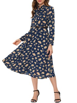 Allegra K Women's Floral Print Bow Tie Neck Long Sleeve Belted Casual Flowy Midi Dress