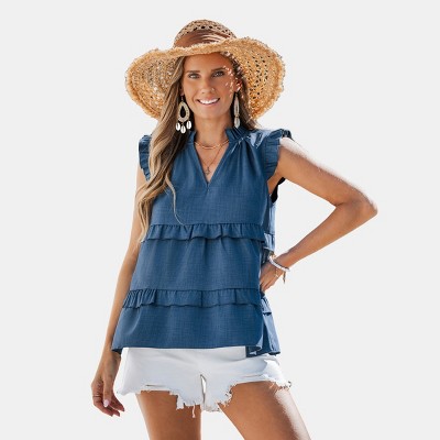 Women's Denim Ruffled Sleeve Daydreams Blue Top - Cupshe