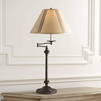 Dark Bronze Adjustable Swing Arm Table Lamp with Beige Shade