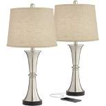 360 Lighting Seymore Modern Table Lamps 26" High Set of 2 with USB Port Silver LED Touch On Off Burlap Linen Drum Shade for Bedroom Living Room Desk