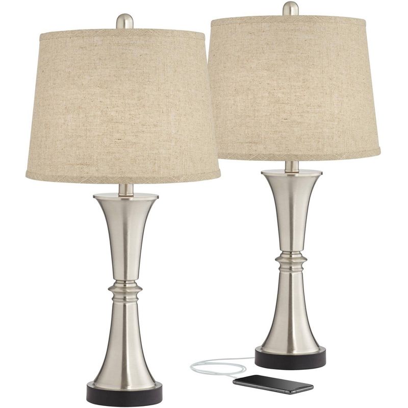 360 Lighting Seymore Modern Table Lamps 26" High Set of 2 with USB Port Silver LED Touch On Off Burlap Linen Drum Shade for Bedroom Living Room Desk, 1 of 9