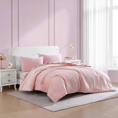 Twin Pink Velvet Duvet Cover Set with Floral Accents