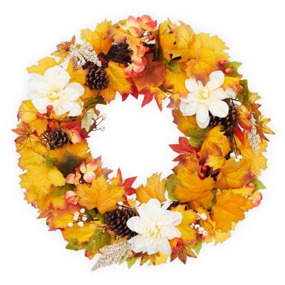 CuisinSmart 22" Fall Wreath for Front Door Decorations, Autumn Thanksgiving Wreath with Pinecones, Maple Leaves, White Flowers, Berries