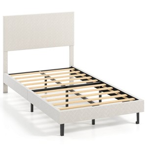 Costway Twin/Full/Queen Size Bed Frame with Height Adjustable Chevron Headboard, No Box Spring Needed Gray/Beige - 1 of 4