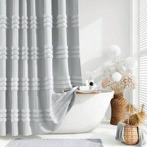 Extra Long Shower Curtain, 84 Inches, Textured Chenille Striped Fabric, Grey, 72x84, Modern Shabby Chic with Hooks - 1 of 4
