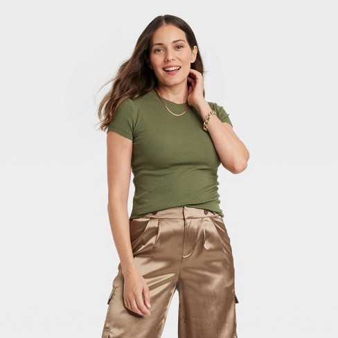 Women's Slim Fit Short Sleeve Ribbed T-Shirt - A New Day™ Olive Green XL