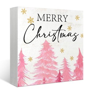 Pink Christmas Decor Wooden Box Decor Sign,Rustic Merry Christmas Signs for Bedroom Bathroom Home Office Desk Shelf Table Wall Decor - 1 of 4