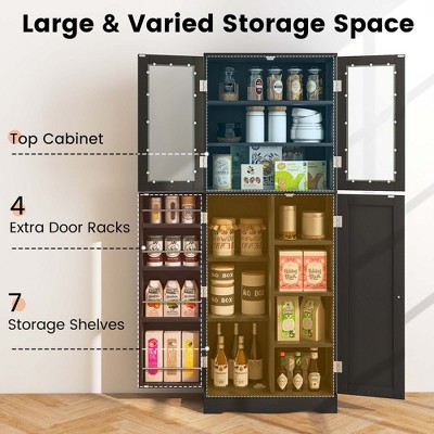 Black Tall Kitchen Pantry Storage Cabinet with Glass Doors