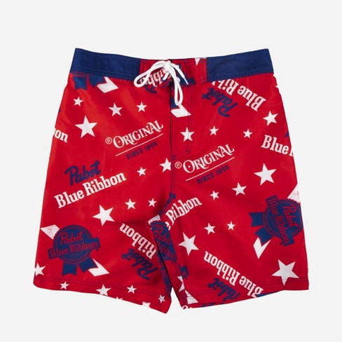 Red and blue store swim trunks