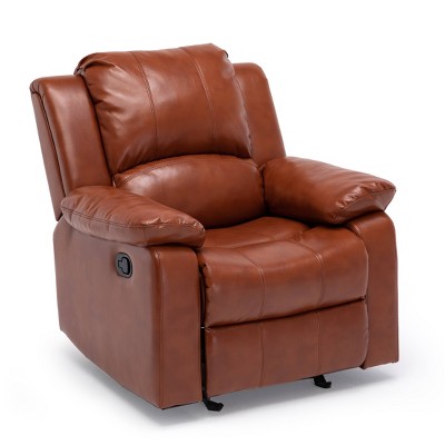 Clifton Caramel Faux Leather Glider Recliner with Wood Frame