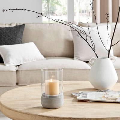 Small Cool Gray Cement Base and Glass Hurricane Candle Holder
