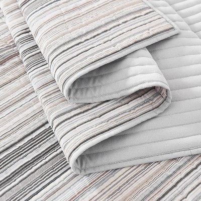 Gray Twin Microfiber Quilt Set with Striped Design