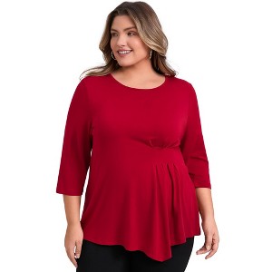 GRACE & GRANDEUR Women's Plus Size 3/4 Sleeve Waist Pleated Asymmetric Hem Crew Neck Casual Blouses - 1 of 3