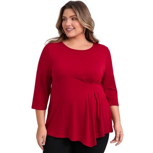 GRACE & GRANDEUR Women's Plus Size 3/4 Sleeve Waist Pleated Asymmetric Hem Crew Neck Casual Blouses - image 1 of 3