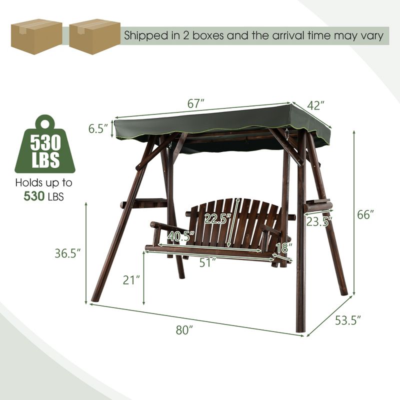 Costway 2 Person Wooden Garden Swing Bench Chair w/ Adjustable Canopy for Garden Porch, 3 of 11