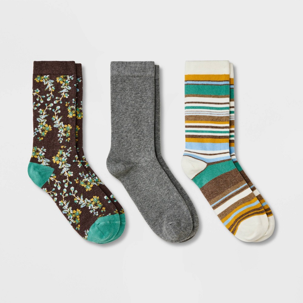 Women's 3pk Woodland Blossoms Crew Socks - A New Day Brown 4-10 (5 packs)