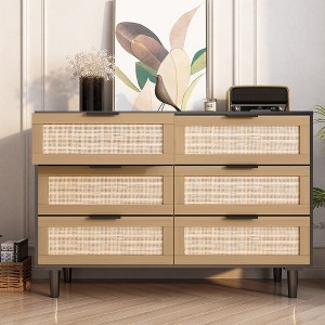 Modern Rattan Dresser With 6 Drawers Wooden Storage Chest Dresser Closet Organizers,abstract,black,43.31in,3.61ft - 1 of 4