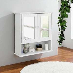 21.6" Bathroom Wall Cabinet with Double Mirror Doors, Adjustable Shelf & Open Storage, Modern White Medicine Cabinet - 1 of 4