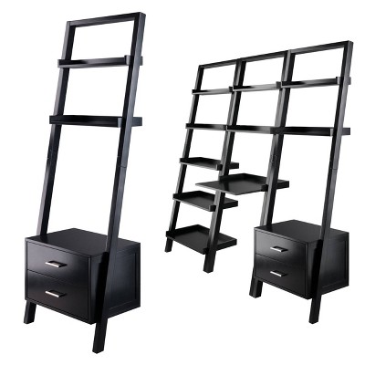 Bellamy Sleek Black Wood Leaning Ladder Bookcase with Storage