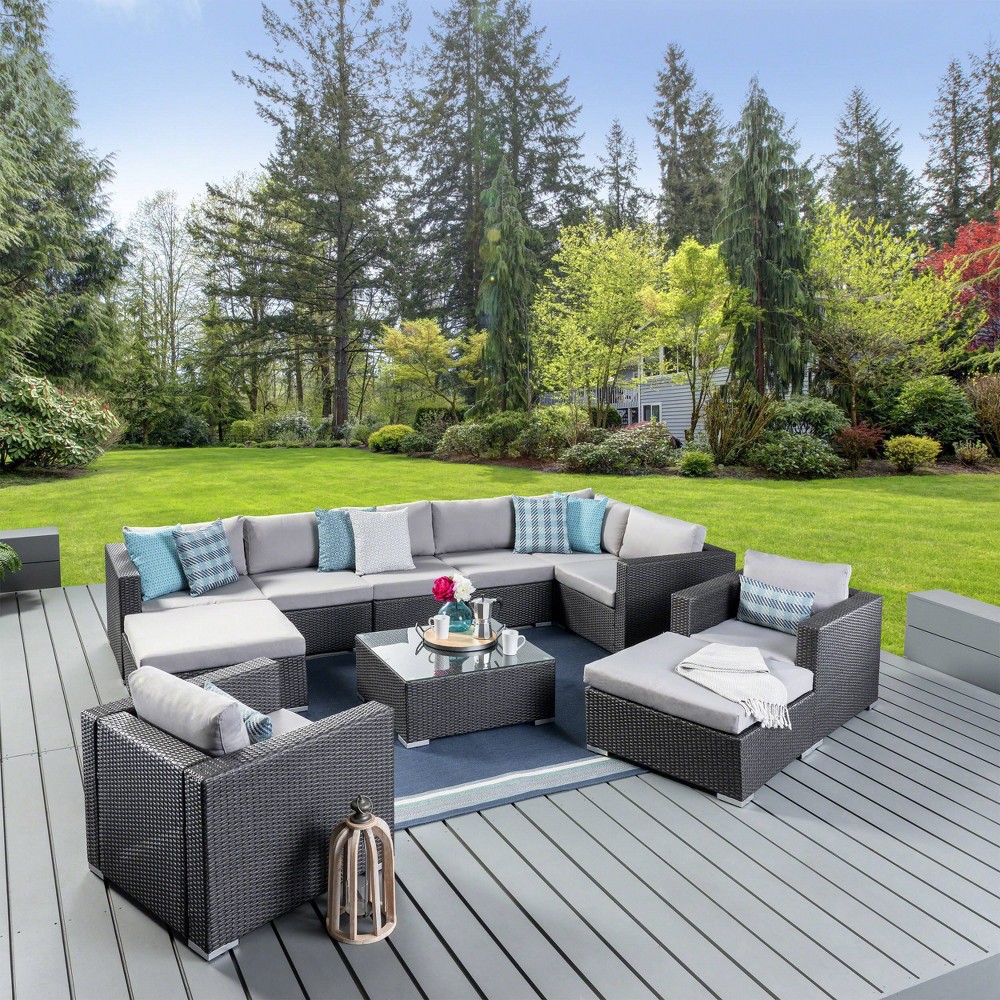 Santa Rosa 11pc Wicker Seating Set - Gray/Silver - Christopher Knight Home: Outdoor Lounge Furniture with Coffee Table