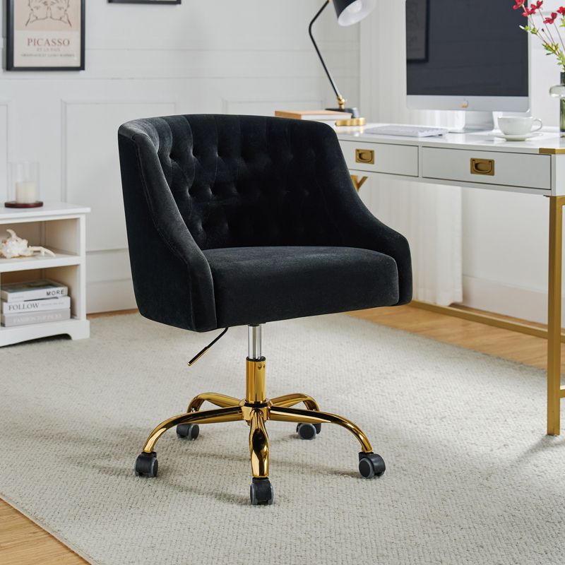 Anika Velvet Height-adjustable Swivel Task Office Chair with Button-tufted Back and Gold Base | Karat Home, 3 of 13