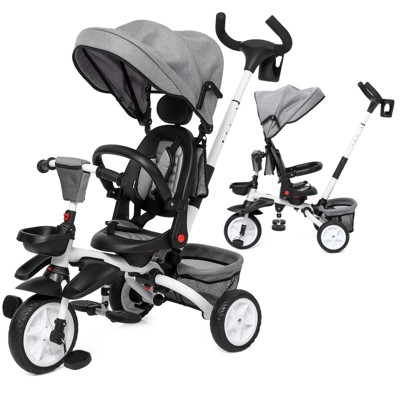 Acekool 7-in-1 Folding Toddler Tricycle with Adjustable Push Handle, Safety Harness, Brake, Rotatable Seat, Canopy, Storage & Cup Holder for Ages 1-5