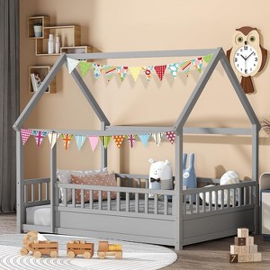 Zevemomo Twin House Bed for Kids, Wooden Montessori Bed with Fence and Roof for Toddlers, Kids Floor Bed Frame for Girls & Boys, Twin Grey - 1 of 4