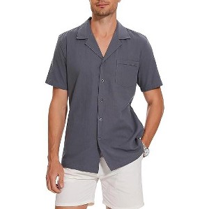 Mens Casual Linen Shirt Button Down Short Sleeve Summer Beach Shirts with Pocket - 1 of 4