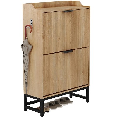 Fluted Shoe Cabinet with 2 Flip Drawers - Slim Modern Shoes Rack with Metal Legs, Hidden Storage Organizer for Entryway, Hallway, Bedroom, Apartment