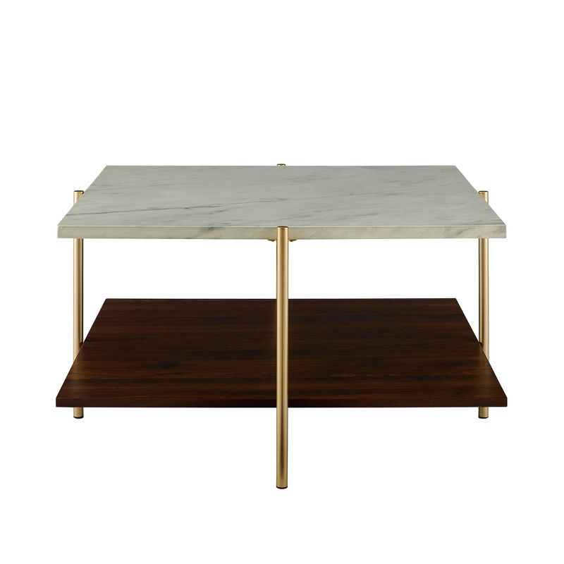 Mid Century Modern Glam Square Coffee Table Faux White Marble/Dark Walnut - Saracina Home, 4 of 8