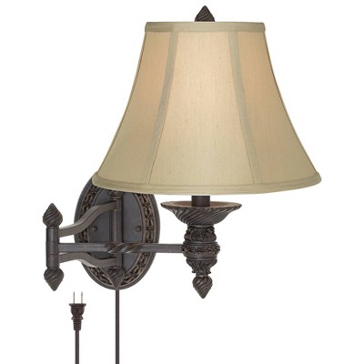 Barnes and Ivy Swing Arm Wall Lamp Bronze Plug-In Light Fixture Beige Softback Bell Shade for Bedroom Bedside Living Room Reading