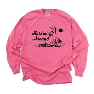 Simply Sage Market Women's Horsin' Around Long Sleeve Garment Dyed Tee - 1 of 3